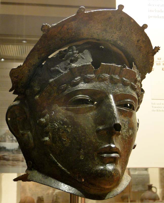 The Ribchester 'cavalry sports' (Hippika gymnasia) helmet. Originally gilded or silvered, these helmets were worn for show by skilled riders during the 'hippika gymnasia' cavalry show exercises which were ritualised tournaments in which Roman cavalry practiced and demonstrated their skills.